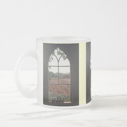 landscape painting of view from church window frosted glass coffee mug