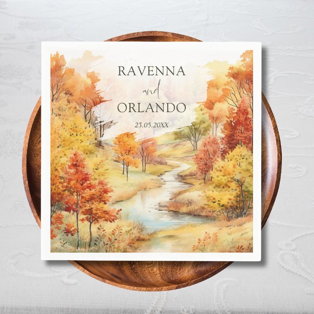 Landscape Red Autumn River Forest Fall Wedding Napkins (Creator Uploaded)