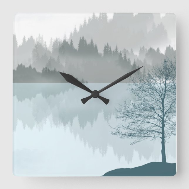 Landscape Reflection Lake Trees Green Square Wall Clock (Front)