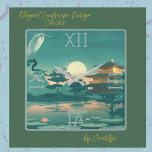 Landscape Scene Pagoda Crane Square Wall Clock<br><div class="desc">Landscape Scene Pagoda and Crane in teal and golden hues.</div>