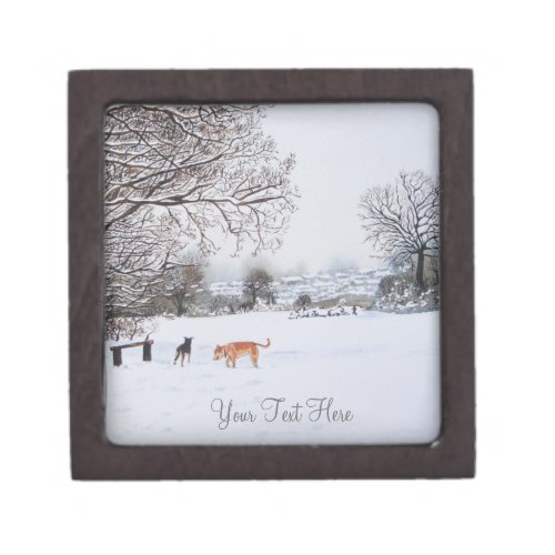 landscape trees snowy rooftops snow scene and dogs jewelry box
