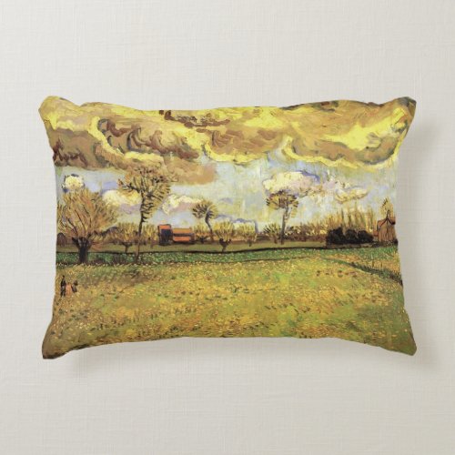 Landscape Under a Stormy Sky by Vincent van Gogh Decorative Pillow