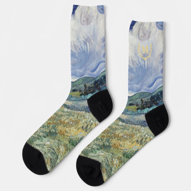 Landscape Vincent Van Gogh Vintage Art Monogrammed Socks (Left)