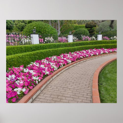 Landscape walkway with hedge and petunia poster