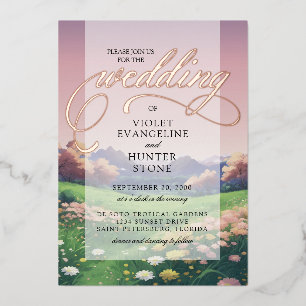 Landscape Wildflowers Wedding Foil Invitation