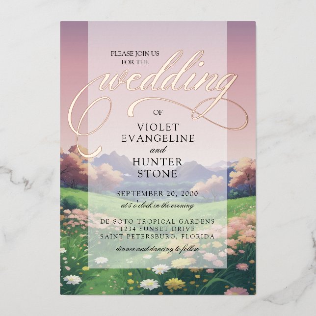 Landscape Wildflowers Wedding Foil Invitation (Front)