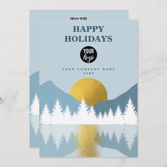 Landscape Winter Happy Holidays Business QR Code Holiday Card (Front/Back)