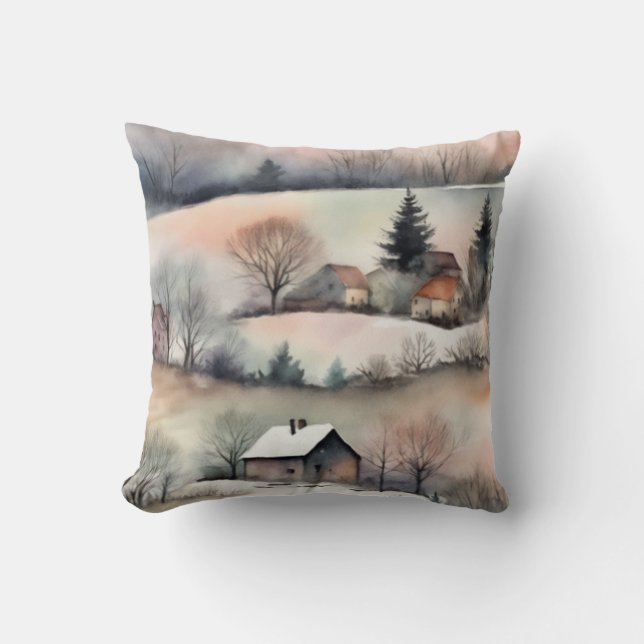 Landscape Winter Pastel Watercolor  Throw Pillow (Front)