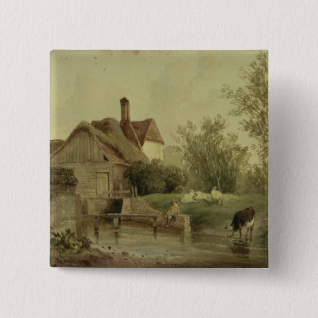 Landscape with a cottage pinback button (Front)