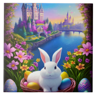 landscape with a rabbit and magical castles ceramic tile