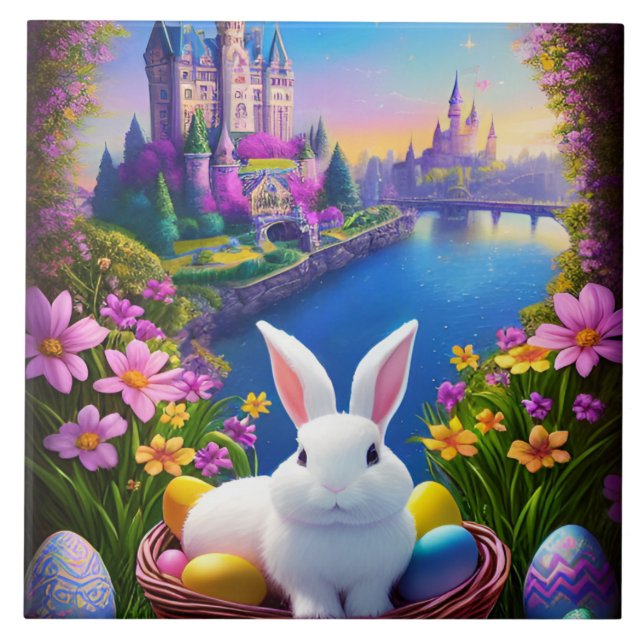 landscape with a rabbit and magical castles ceramic tile (Front)