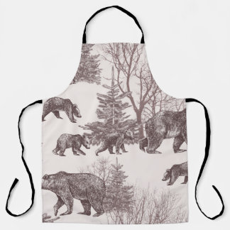 Landscape with bears, cubs, winter trees and fir t apron