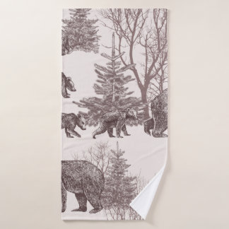 Landscape with bears, cubs, winter trees and fir t bath towel
