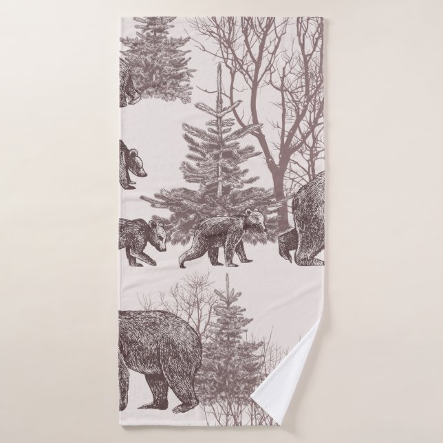 Landscape with bears, cubs, winter trees and fir t bath towel (Bath Towel)