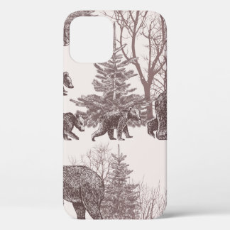 Landscape with bears, cubs, winter trees and fir t iPhone 12 case