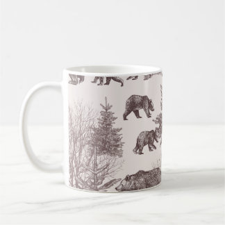 Landscape with bears, cubs, winter trees and fir t coffee mug