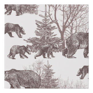 Landscape with bears, cubs, winter trees and fir t faux canvas print