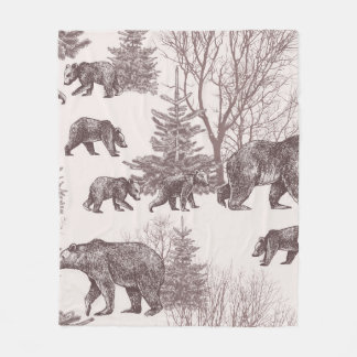 Landscape with bears, cubs, winter trees and fir t fleece blanket