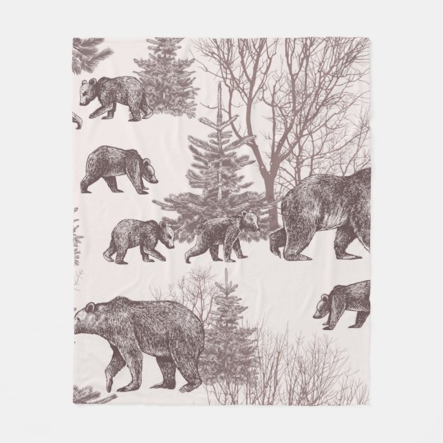 Landscape with bears, cubs, winter trees and fir t fleece blanket (Front)