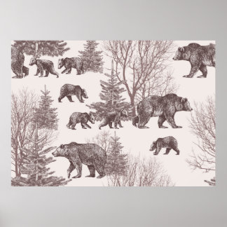 Landscape with bears, cubs, winter trees and fir t poster