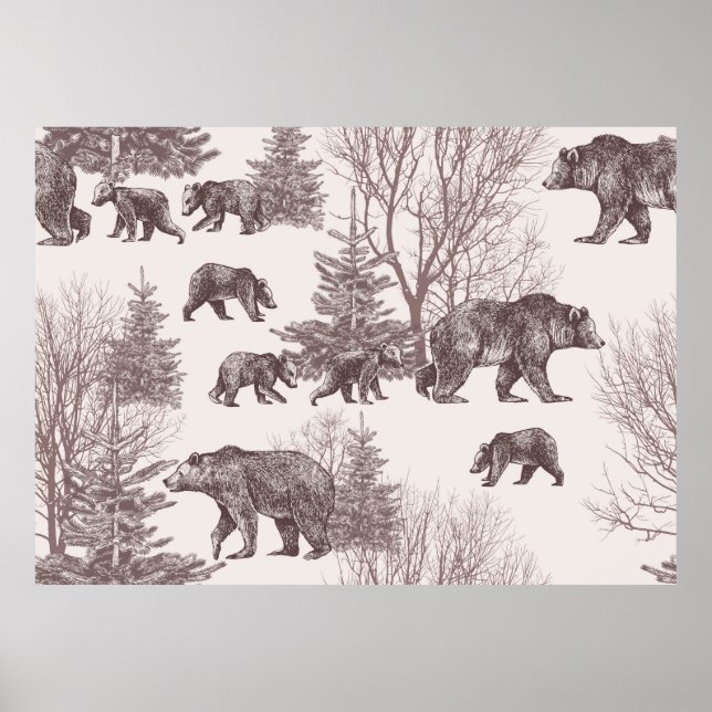 Landscape with bears, cubs, winter trees and fir t poster (Front)