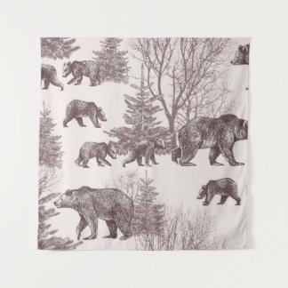 Landscape with bears, cubs, winter trees and fir t tapestry