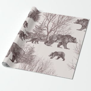 Landscape with bears, cubs, winter trees and fir t wrapping paper