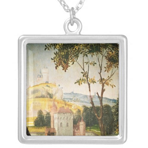 Landscape with castle in a moat and two swans silver plated necklace