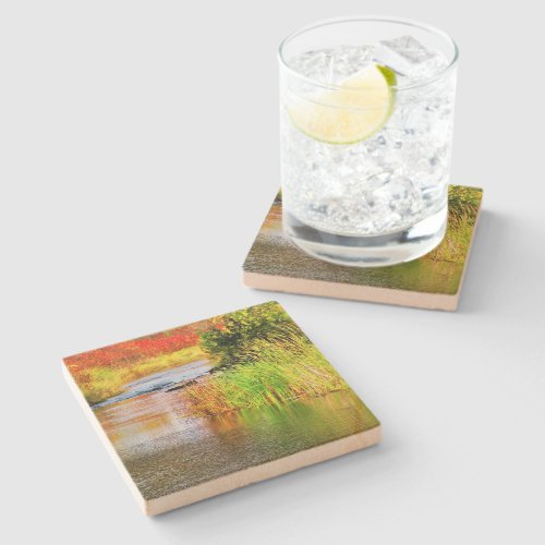 Landscape with Creek Peaceful Scenic Autumn View Stone Coaster