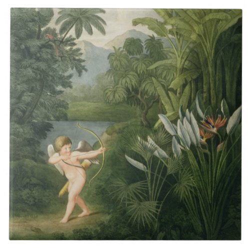 Landscape with Cupid aiming an arrow at a Parrot o Ceramic Tile