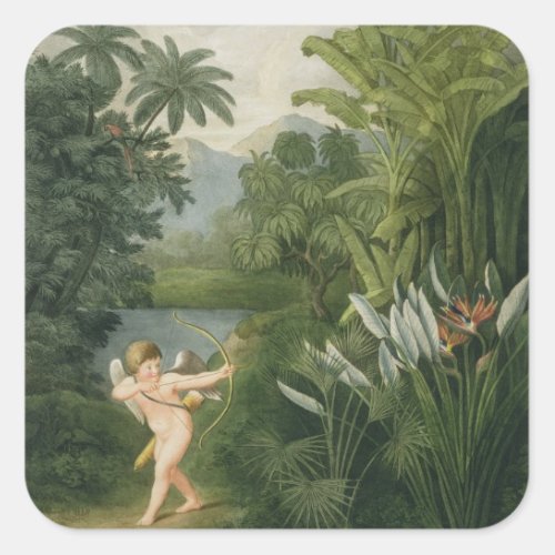 Landscape with Cupid aiming an arrow at a Parrot o Square Sticker