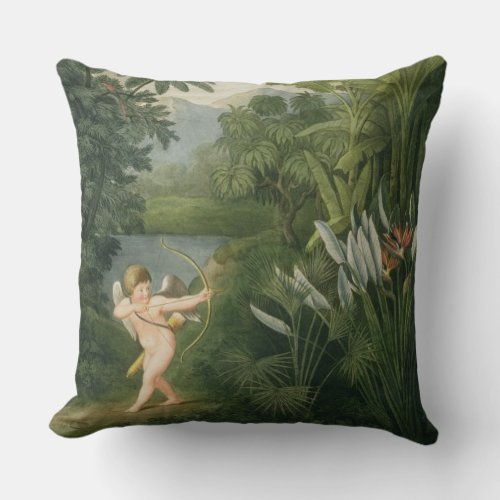 Landscape with Cupid aiming an arrow at a Parrot o Throw Pillow