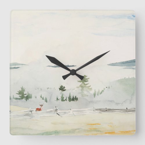 Landscape with Deer in a Morning Haze Watercolor Square Wall Clock