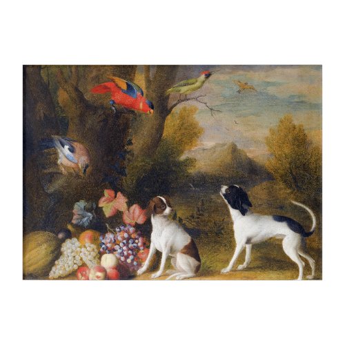 Landscape with exotic birds and two dogs   acrylic print