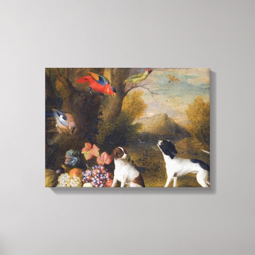 Landscape with exotic birds and two dogs  canvas print