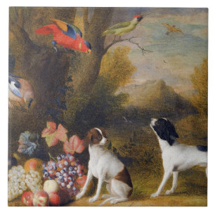 Landscape with exotic birds and two dogs ceramic tile
