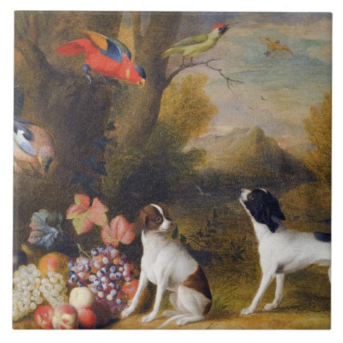 Landscape with exotic birds and two dogs  ceramic tile