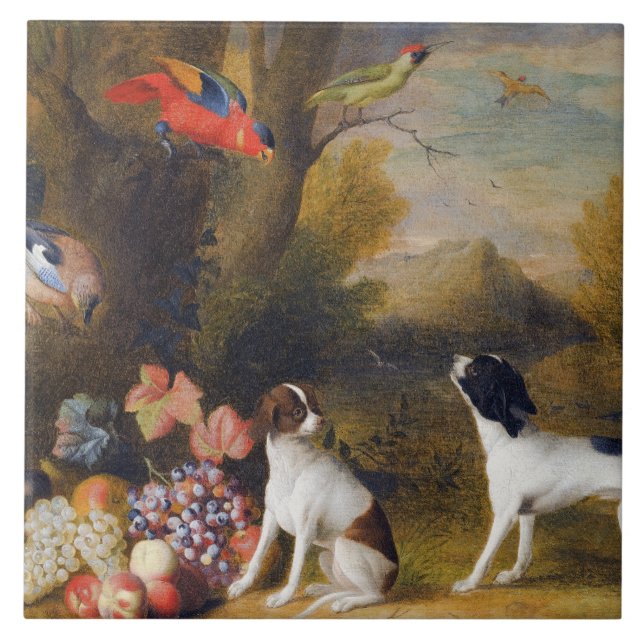 Landscape with exotic birds and two dogs  ceramic tile (Front)