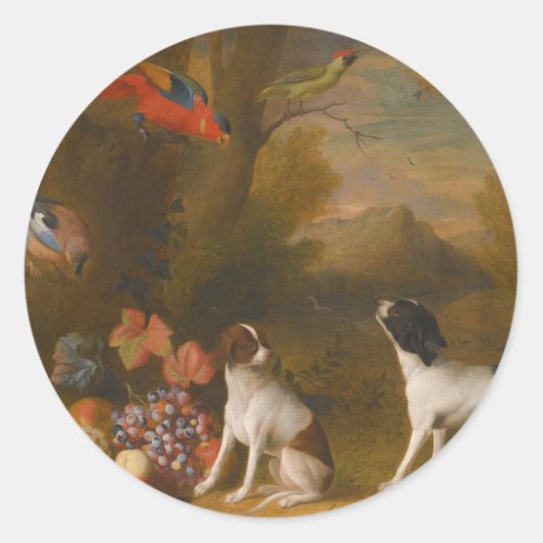 Landscape with exotic birds and two dogs classic round sticker