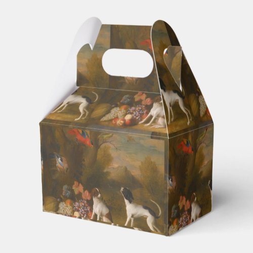 Landscape with exotic birds and two dogs favor boxes