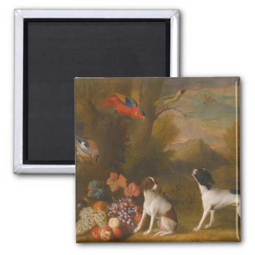 Landscape with exotic birds and two dogs magnet