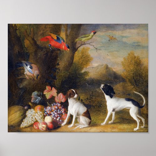 Landscape with exotic birds and two dogs  poster