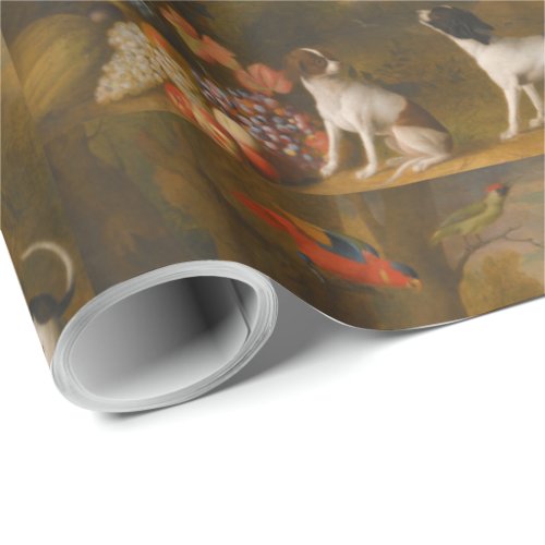 Landscape with exotic birds and two dogs wrapping paper