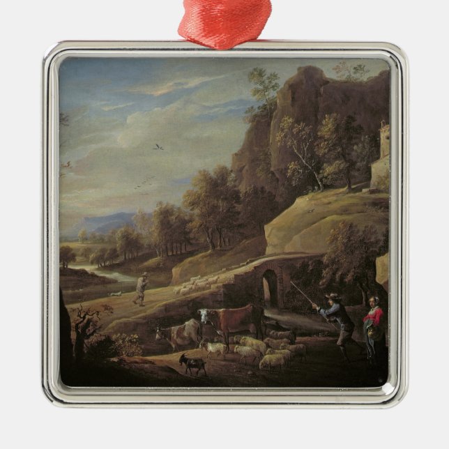 Landscape with Farmers tending their Animals Metal Ornament (Front)