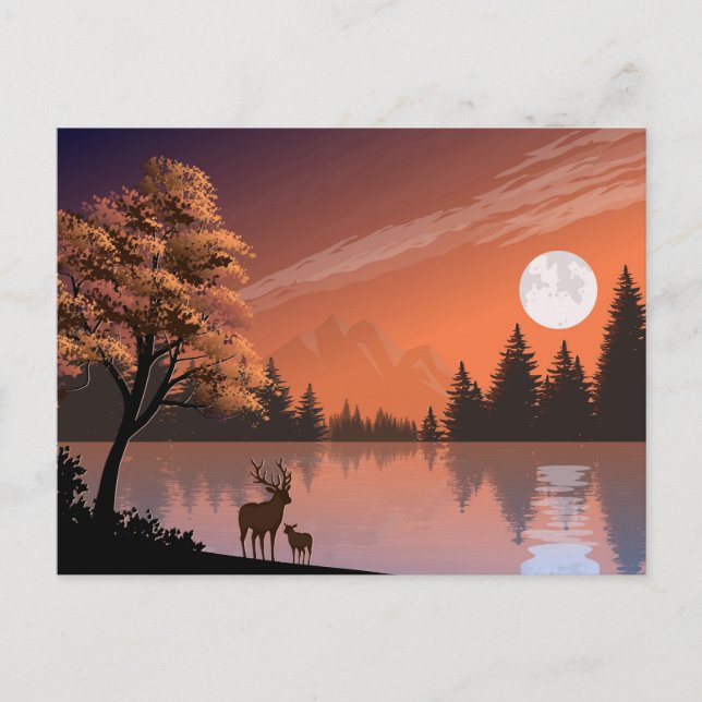 Landscape with Lake and Deers Illustration-51207 Announcement Postcard (Front)