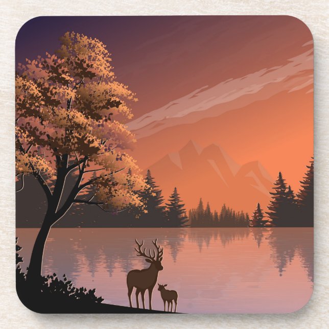 Landscape with Lake and Deers Illustration-51207 Beverage Coaster (Front)