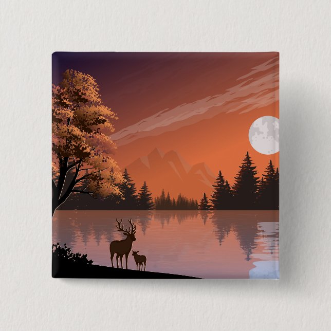 Landscape with Lake and Deers Illustration-51207 Button (Front)