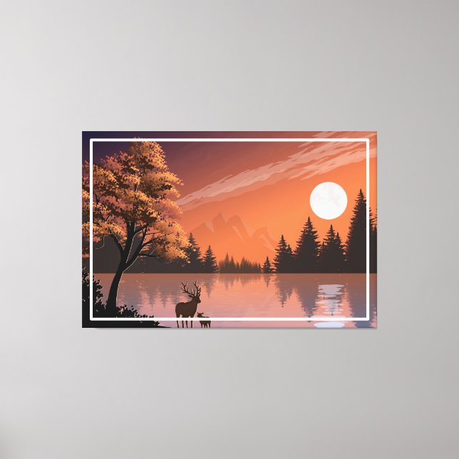 Landscape with Lake and Deers Illustration-51207 Canvas Print (Front)