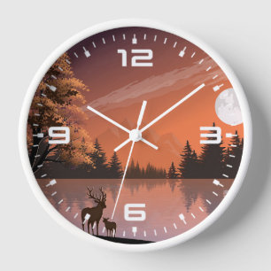 Landscape with Lake and Deers Illustration-51207 Clock