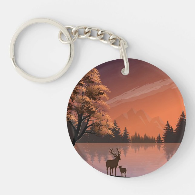 Landscape with Lake and Deers Illustration-51207 Keychain (Front)
